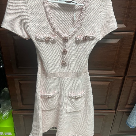 Brand New Self-Portrait Melange Knit Cotton Blend Mini Dress in Light Pink. - Picture 4 of 4
